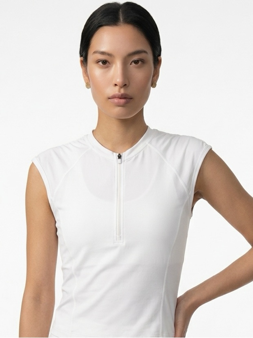 ATHLETA | 1/4 Zip White Cap Sleeve Top Back Pocket Women’s Size Medium
